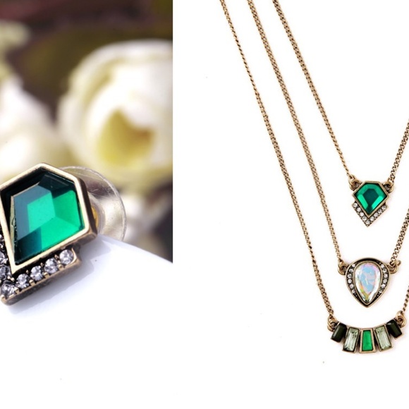 meraki Jewelry - Art Deco Set Multi layer Necklace & Stud Earrings.